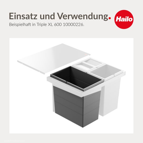 Hailo Triple XL 600 Abfalltrennsystem Einbaueimer mit Deckel und drei verschiedenen Einsätzen zur Mülltrennung im Küchenschrank.