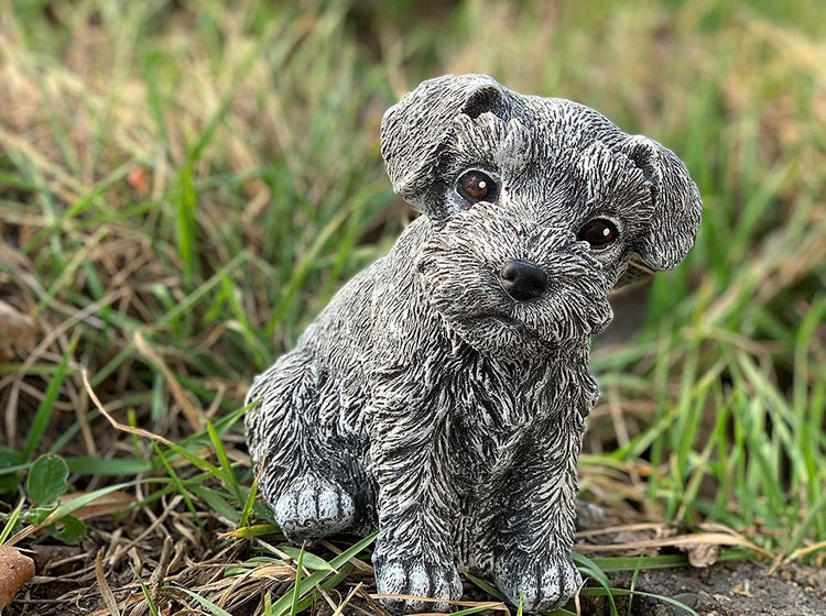 Gartenfigur Hund aus Kunststein in Form eines sitzenden Schnauzer Welpen für die Dekoration im Außenbereich.