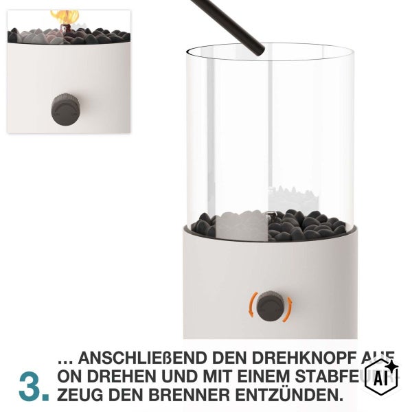 Anleitungsschritt drei: Den Drehknopf am Tischkamin auf Position On drehen und den Brenner mit einem Stabfeuerzeug entzünden.