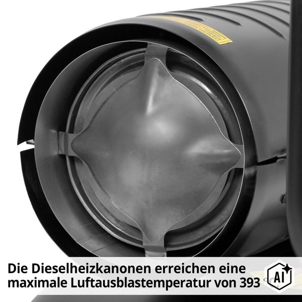 Detailansicht der Austrittsöffnung einer Dieselheizkanone mit Warnhinweis vor heißen Oberflächen.