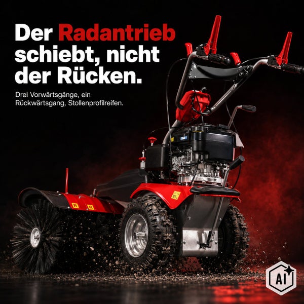 Kehrmaschine mit Benzinmotor, Radantrieb, drei Vorwärtsgaengen, einem Rueckwaertsgang und Stollenprofilreifen fuer den Garten.