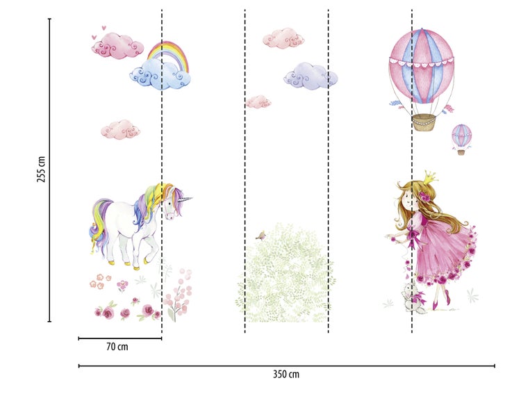 Fototapete für Kinderzimmer mit Einhorn, Prinzessin, Heißluftballon und Regenbogen, 350 Zentimeter breit und 255 Zentimeter hoch.