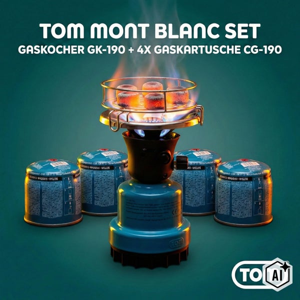 TOM Mont Blanc Set mit Gaskocher GK 190 und vier Gaskartuschen CG 190 inklusive glühenden Kohlen auf dem Brenner.