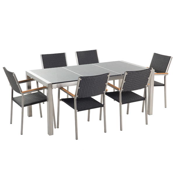 Gartentisch mit sechs Stühlen, Metallgestell und Rattansitzflächen