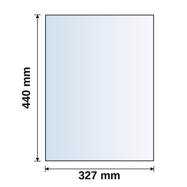 Rechteckige Scheibe mit den Maßen 327 Millimeter Breite und 440 Millimeter Höhe.