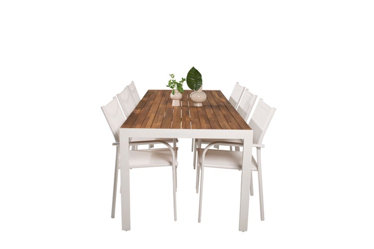 Bois Gartenset Tisch 90x205cm und 6 Stühle Santorini weiß, natur. 90 X 205 X 76 cm