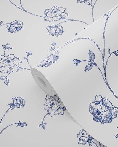 ESTAhome Tapete Toile de Jouy Rosen Weiß und Blau - 53 cm x 10.05 m - 139300