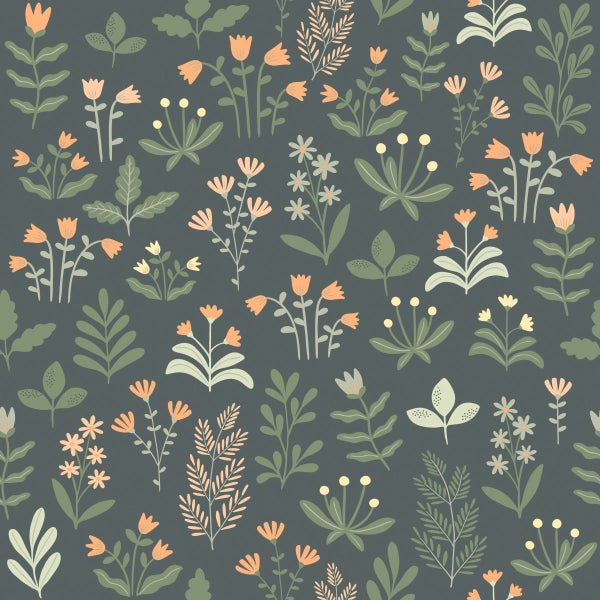 ESTAhome Tapete Feldblumen Graugrün und Orange - 50 x 900 cm - 131098