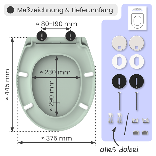 Maßzeichnung und Lieferumfang eines Toilettendeckels mit den Maßen 445 x 375 Millimeter.