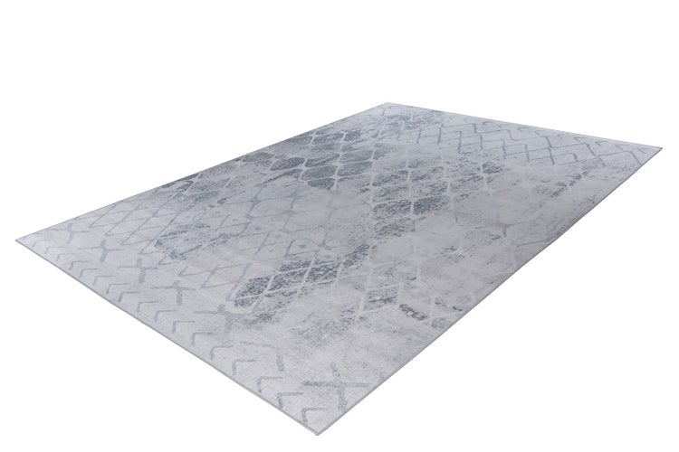 Grauer rechteckiger Kurzflorteppich mit geometrischem Rautenmuster und Vintage-Optik.