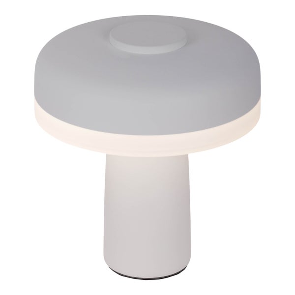 Akku-Tischleuchte PILU, 16,5 cm hoch, oben Ø von 15 cm, Metall in Weiß, weißer Kunststoff, integrierten LEDs,280 Lumen, dimmbar per Berührungssensor, warmweiß