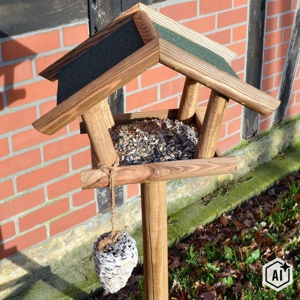 Vogelhaus aus Holz mit Standfuß, gefüllt mit Vogelfutter und hängendem Futterzapfen