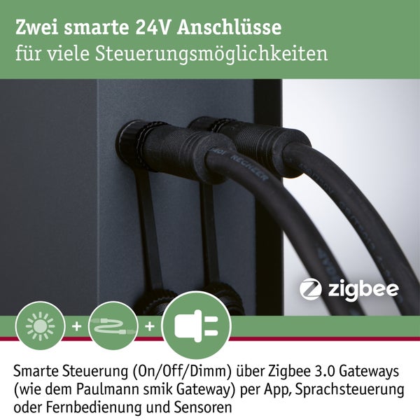 Zwei smarte 24-Volt-Anschlüsse für Steuerungsmöglichkeiten über Zigbee 3.0, wie Ein- und Ausschalten oder Dimmen.