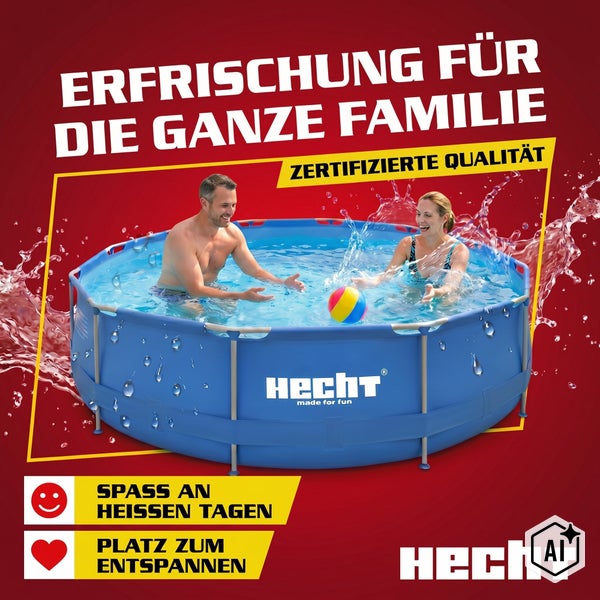 Ein rundes Hecht Frame Pool Set mit Familie im Wasser und einem Wasserball sowie Hecht Firmenlogo.