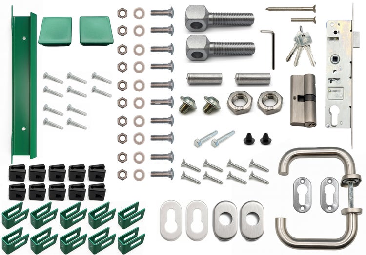 Zaunbeschlagset mit Pfosten, Kappen, Schrauben, Muttern, Unterlegscheiben, Bolzen, Stiften, Inbusschlüssel, Schloss, Schlüsseln und Türgriff
