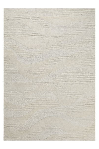Rechteckiger Teppich mit modernem Wellenmuster und reliefartiger Struktur.