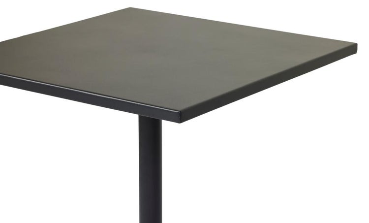 Schwarze quadratische Tischplatte aus Metall mit zentralem Standbein.