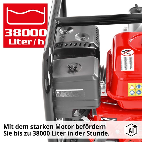 Motor einer Wasserpumpe mit einer Förderleistung von 38000 Liter pro Stunde und Sicherheitshinweisen.