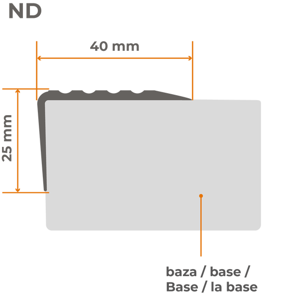 Technische Zeichnung eines Treppenkantenprofils mit den Maßen 40 Millimeter Breite und 25 Millimeter Höhe zur Montage auf einer Stufenbasis.