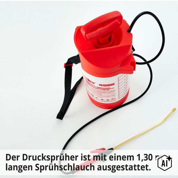 Ein Drucksprüher mit Tragegurt und einem 1,30 Meter langen Schlauch für die Gartenarbeit.