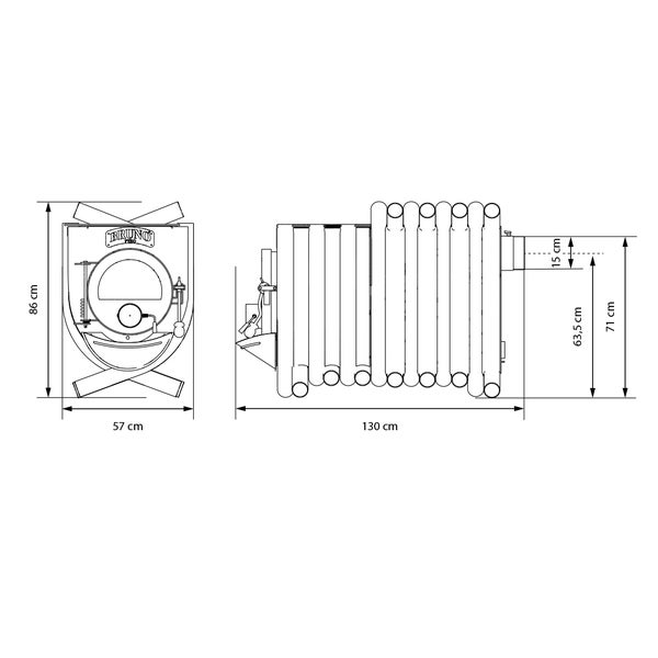 Maße des Bruno Ofens, 86 cm Höhe, 57 cm Breite, 130 cm Länge