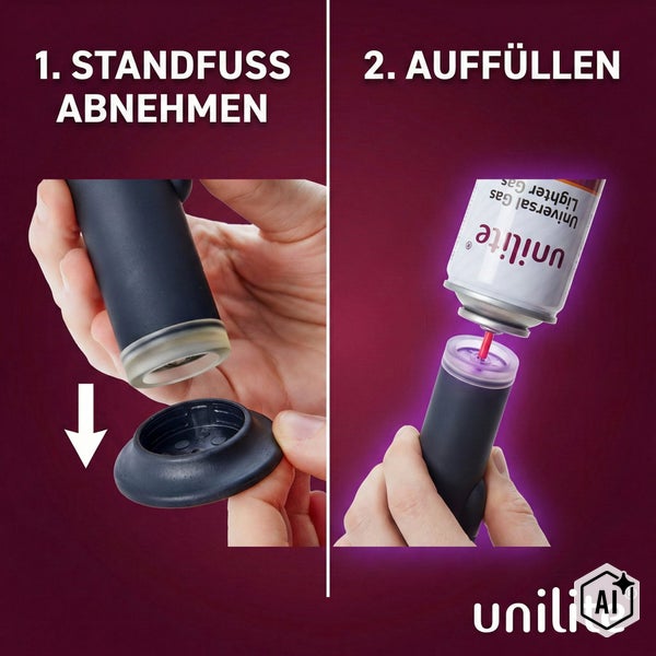 Anleitung zum Nachfüllen eines Gasbrenners mit Unilite Gas: Standfuß abnehmen und Gasflasche in das Ventil einführen.