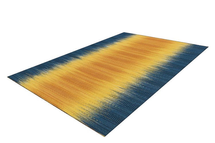 Rechteckiger Flachgewebe-Teppich mit einem Farbverlauf von Blau zu Gelb.