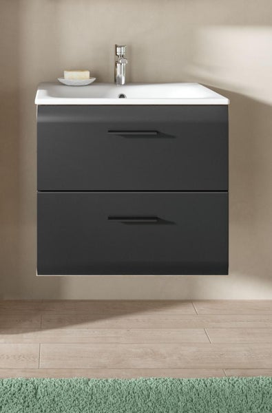 Grauer Waschtischunterschrank mit zwei Schubladen, Waschbecken und Armatur
