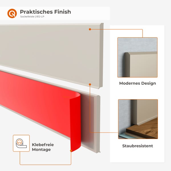 Sockelleiste mit Klebeband für staubresistente Montage und modernes Design