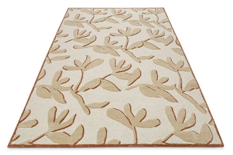 Rechteckiger Teppich mit modernem floralem Blattmuster und schmalem Rand.