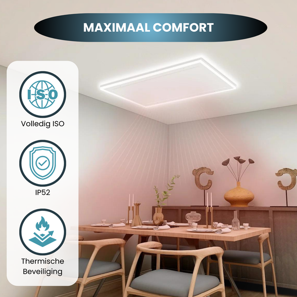Infrarotpanel Quality Heating HT-Serie 63x65cm 400 Watt Metall weiß RAL9016 inkl. LED-Stimmungsbeleuchtung, Fernbedienung & Aufputz-Thermostat
