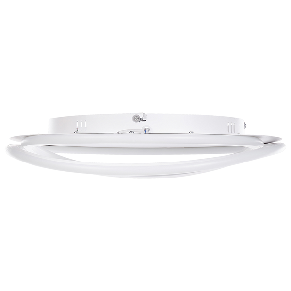 Moderne LED-Deckenleuchte in Weiß mit zwei verschlungenen Ringen, Seitenansicht.