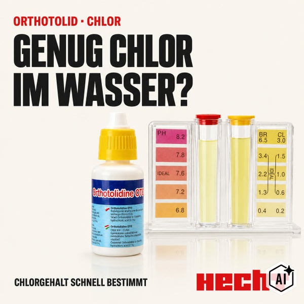Pool Wassertester Set mit Orthotolidine Reagenzflüssigkeit und zwei Messkammern zur Bestimmung von Chlor und pH Wert im Wasser.