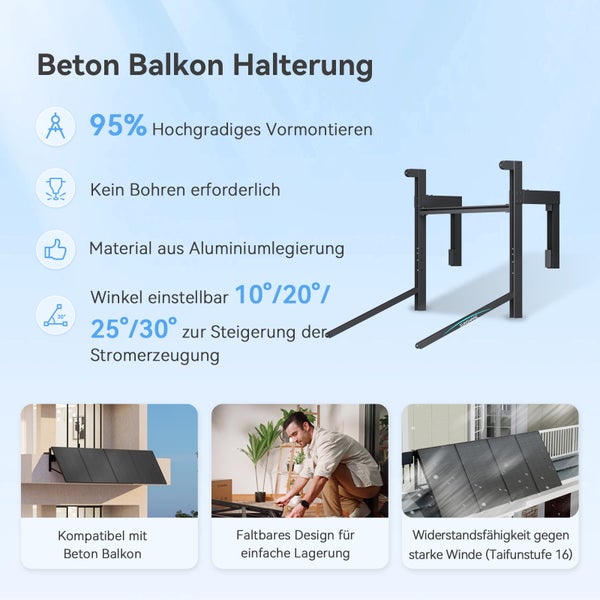 Beton Balkon Halterung für Solarpanels aus Aluminiumlegierung, ohne Bohren, einstellbare Winkel von 10 bis 30 Grad, montagefertig und windbeständig.