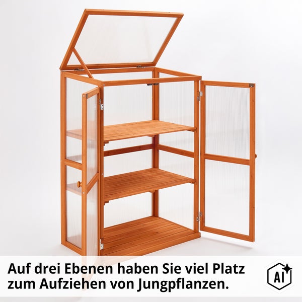 Frühbeet mit Holzrahmen, drei Regalebenen und aufklappbarem Dach für die Pflanzenanzucht.