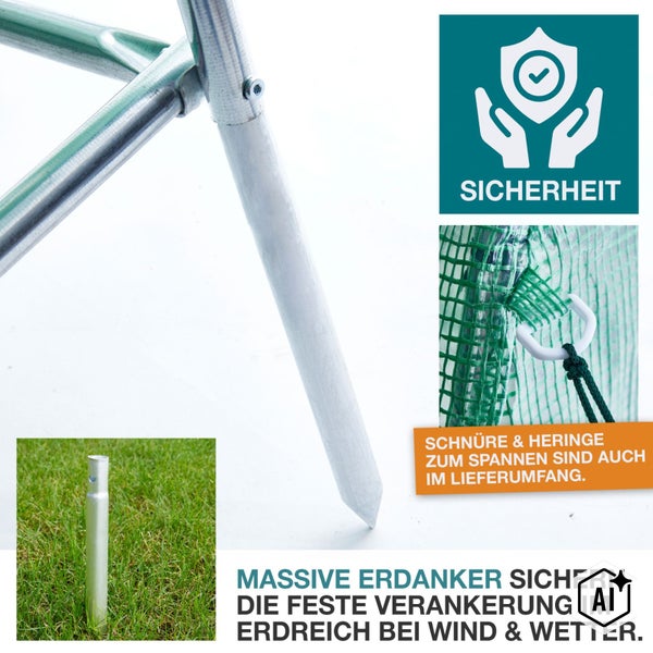 Stabiler Erdanker zur sicheren Verankerung eines Gewächshauses im Boden inklusive Schnüre und Heringe zur Befestigung bei Wind und Wetter.