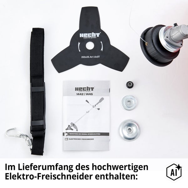 Zubehörset für Hecht Elektro-Freischneider inklusive Tragegurt, 3-Zahn-Messer, Fadenkopf, Befestigungsteilen und Bedienungsanleitung.