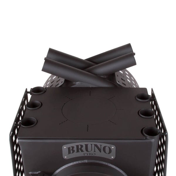 Oberansicht eines Ofens mit Rohren und Bruno Pyro Logo