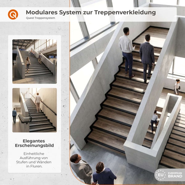 Modulares Treppenverkleidungssystem Quest für eine einheitliche Gestaltung von Stufen und Treppenhäusern in öffentlichen Gebäuden.