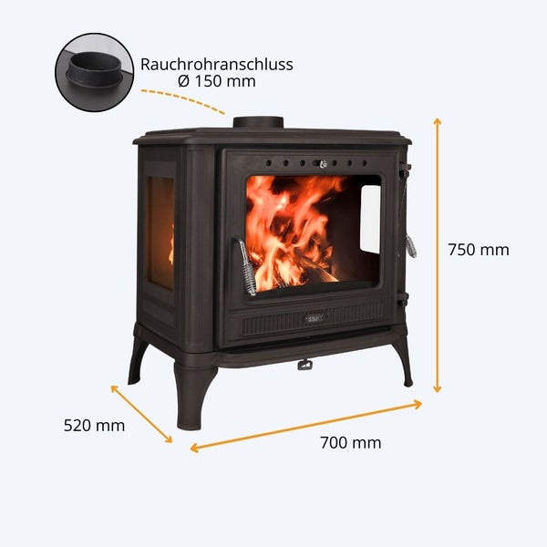 Kaminofen mit brennendem Holz, Maße 750 mal 700 mal 520 Millimeter und Rauchrohranschluss Durchmesser 150 Millimeter.