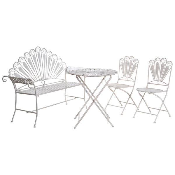 Gartensitzgruppe aus Metall mit Bank, Tisch und zwei Stühlen