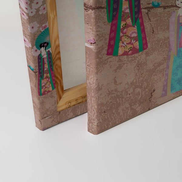 Nahaufnahme einer Leinwand mit einem japanischen Motiv und einem Holzrahmen