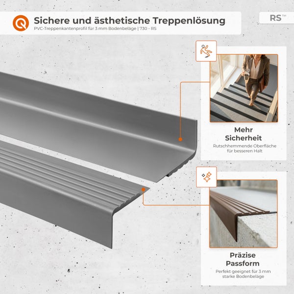 PVC-Treppenkantenprofil für 3 Millimeter Bodenbeläge mit rutschhemmender Oberfläche für Sicherheit auf Treppen, RS Logo.