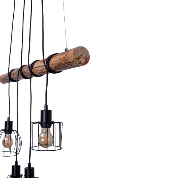 4er Pendelleuchte WOODLAND,  Hängelampe, Metall und Holz in Schwarz, und natur- E27-Fassung, für Esszimmer, Wohnzimmer, Diele oder Büro, 100 cm lang