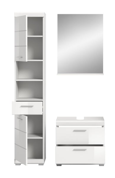 Weißes Badmöbel Set bestehend aus einem Hochschrank mit Regalfächern, einem Waschbeckenunterschrank mit zwei Schubladen und einem Wandspiegel.