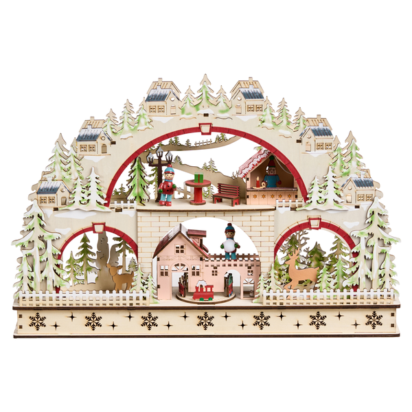 Dekorative Winterlandschaft aus Holz mit Häusern, Bäumen und Figuren