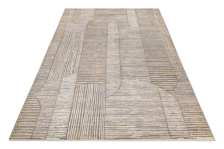 Rechteckiger Teppich mit modernem geometrischem Muster aus horizontalen und vertikalen Streifen in Beige und Grau.
