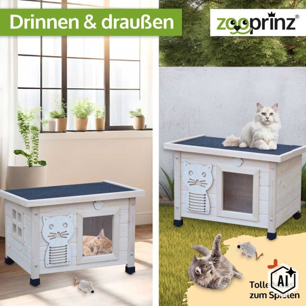 Zooprinz Katzenhaus aus Holz für den Innen- und Außenbereich mit Dach und Fenster, inklusive Spielmaus.