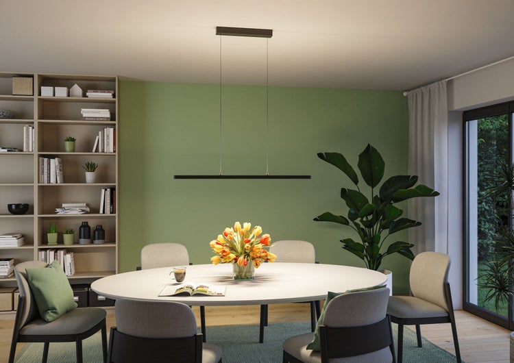 Modernes Esszimmer mit ovalem Esstisch, grauen Stühlen und einer langen schmalen Pendelleuchte vor einer grünen Wand mit einem hohen Regal.