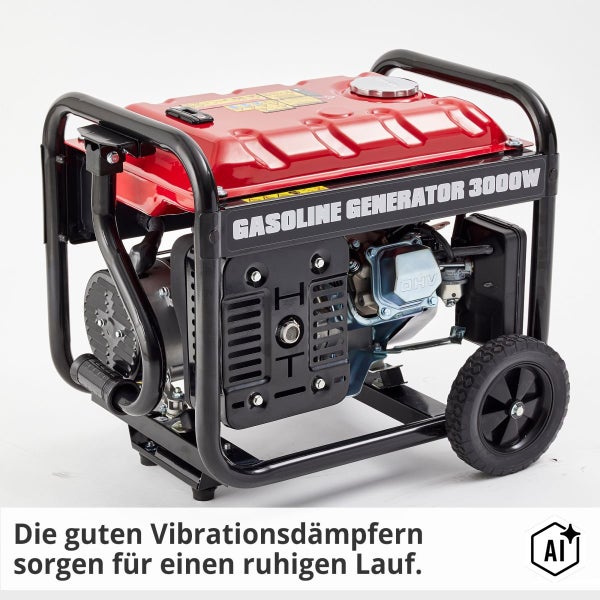 Benzingenerator mit 3000 Watt Leistung und vibrationsdämpfendem Rahmen für einen ruhigen Betrieb.
